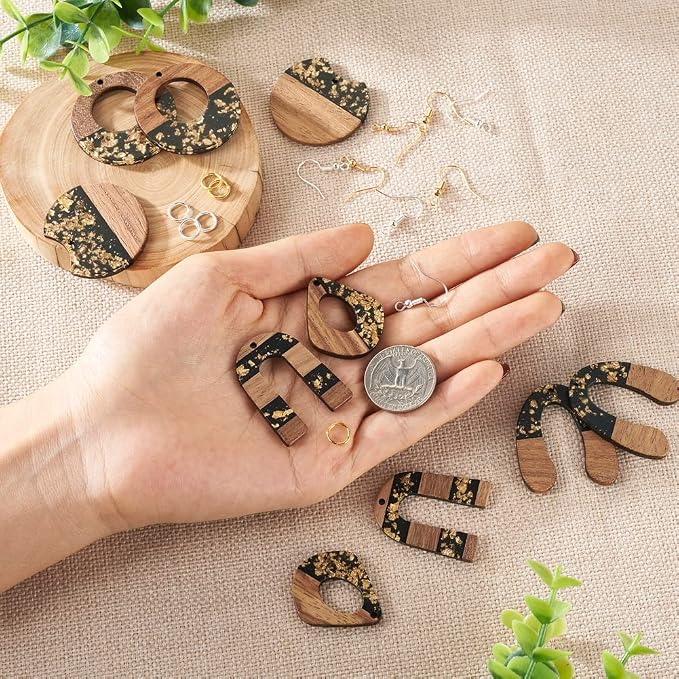 FASHEWELRY 10Pcs Resin Wood Earrings Charms Teardrop Flat Round Wooden Earring - Image 6