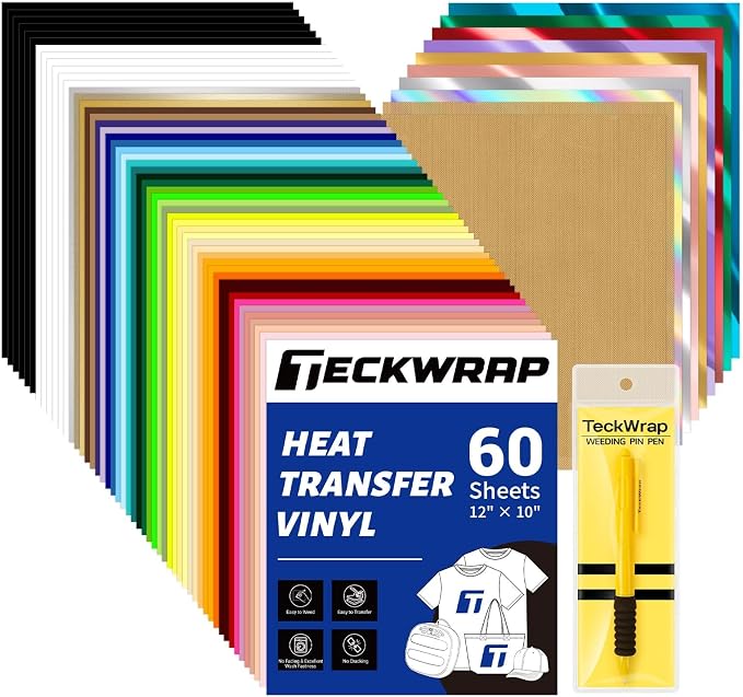 TECKWRAP Heat Transfer Vinyl for T-Shirts 60 Sheets 10"x12" Easy Cut & Weed | by TECKWRAP