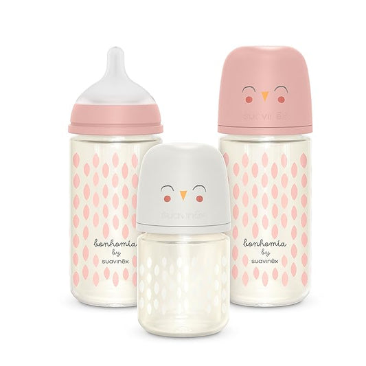 Suavinex Bonhomia Glass Baby Bottle with SX PRO Silicone Nipple, Anti Colic Baby Bottles, Baby Bottles for Breastfed Babies, 3 Pack, Pink/Beige