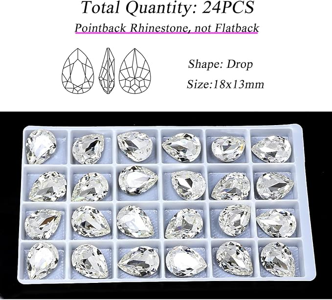 24Pcs Point Back Glass Rhinestones, 18 * 13MM Drop Shape Faceted Rhinestones - Image 2