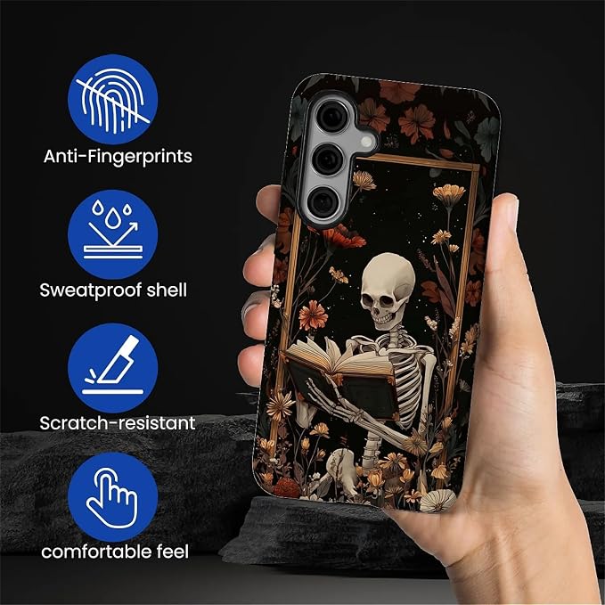 Case for Samsung Galaxy S24 FE Case, Skeleton Reader Goth Floral Design Hybrid - Image 3