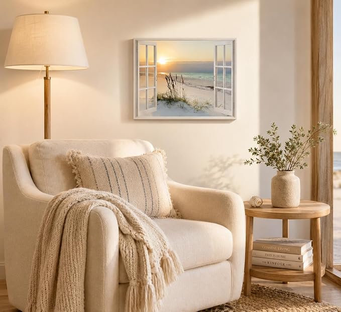 LRTNMTJ Beach Window Sunset Canvas Wall Art Fake Window Ocean Coastal Wall - Image 2