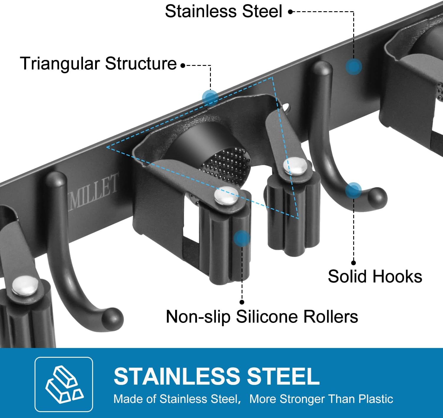 IMILLET Broom Holder Wall Mount, Broom Holder Stainless Steel Heavy Duty Garage Organization Broom Organizer Wall Mount Self Adhesive Laundry Room Organization and Storage（5 Racks and 4 Hooks）