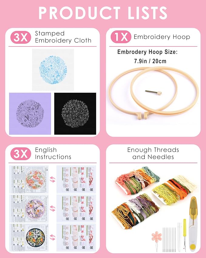 TINDTOP Embroidery Kit for Adult, 3 Pack Embroidery DIY Starter Kit, - Image 2