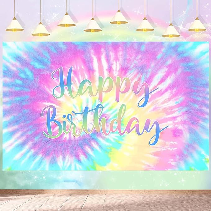 8x6ft Tie Dye Happy Birthday Backdrop Macaron Pastel Girls Birthday Background - Image 8