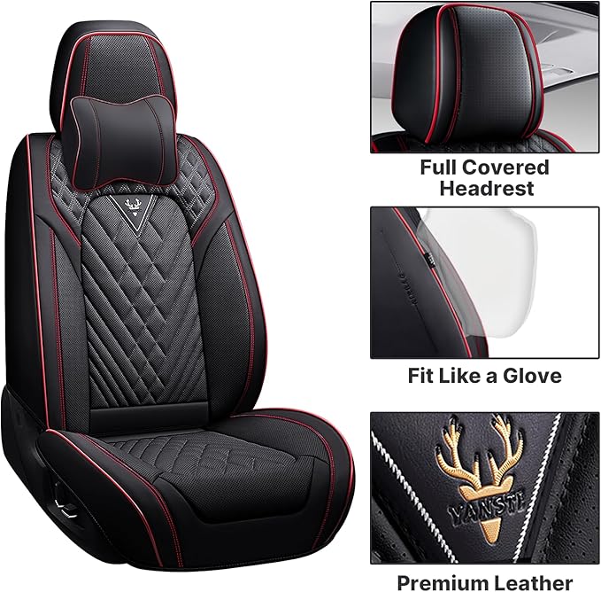 Universal Leather Seat Cover for Cars - Front and Rear Auto Protector, Wear-Resistant Cushion for 5 Seats With Headrest (Black & Red)