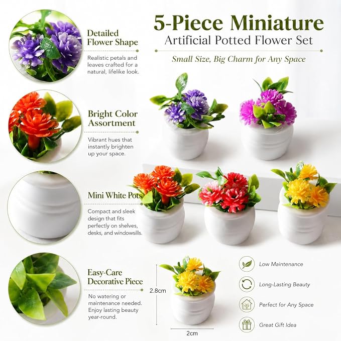 5Pcs Miniature Dollhouse Flowers, Artificial Potted Plants, Fairy Garden Decor - Image 3