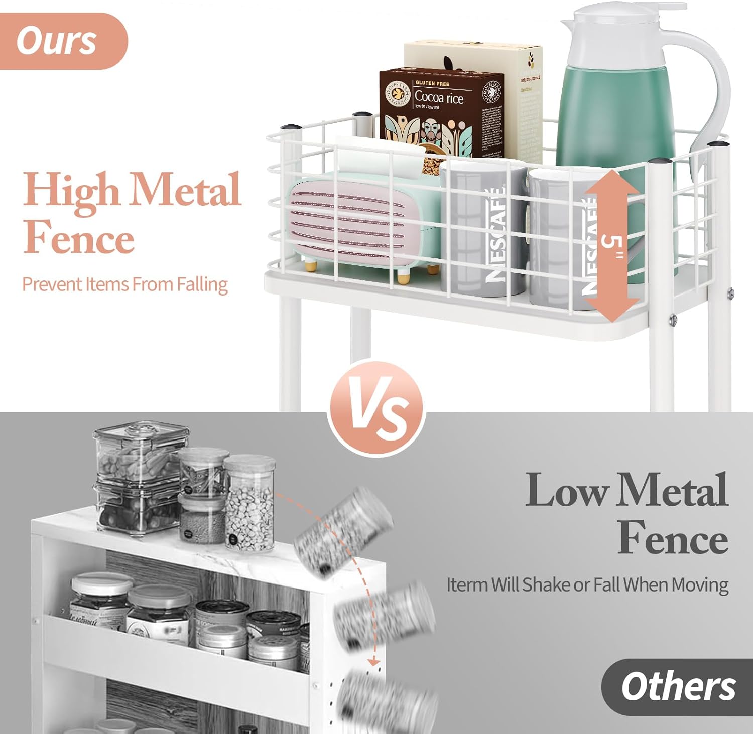 KINGRACK 3 Tier Rolling Cart, Metal Mobile Storage Shelf with Lockable Wheels, Prevent Falling Utility Trolley Cart, Storage Organizer for Kitchen, Office, Bathroom, Dorm, White