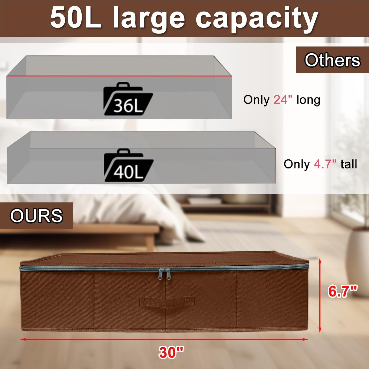 punemi Underbed Storage Box, Under Bed Clothes Storage With Sturdy Structure and Ultra Thick Fabric & zipper Lid, Use as Clothes Organizer, Pillow and Blanket Organizer, Brown, Large, 2 pack