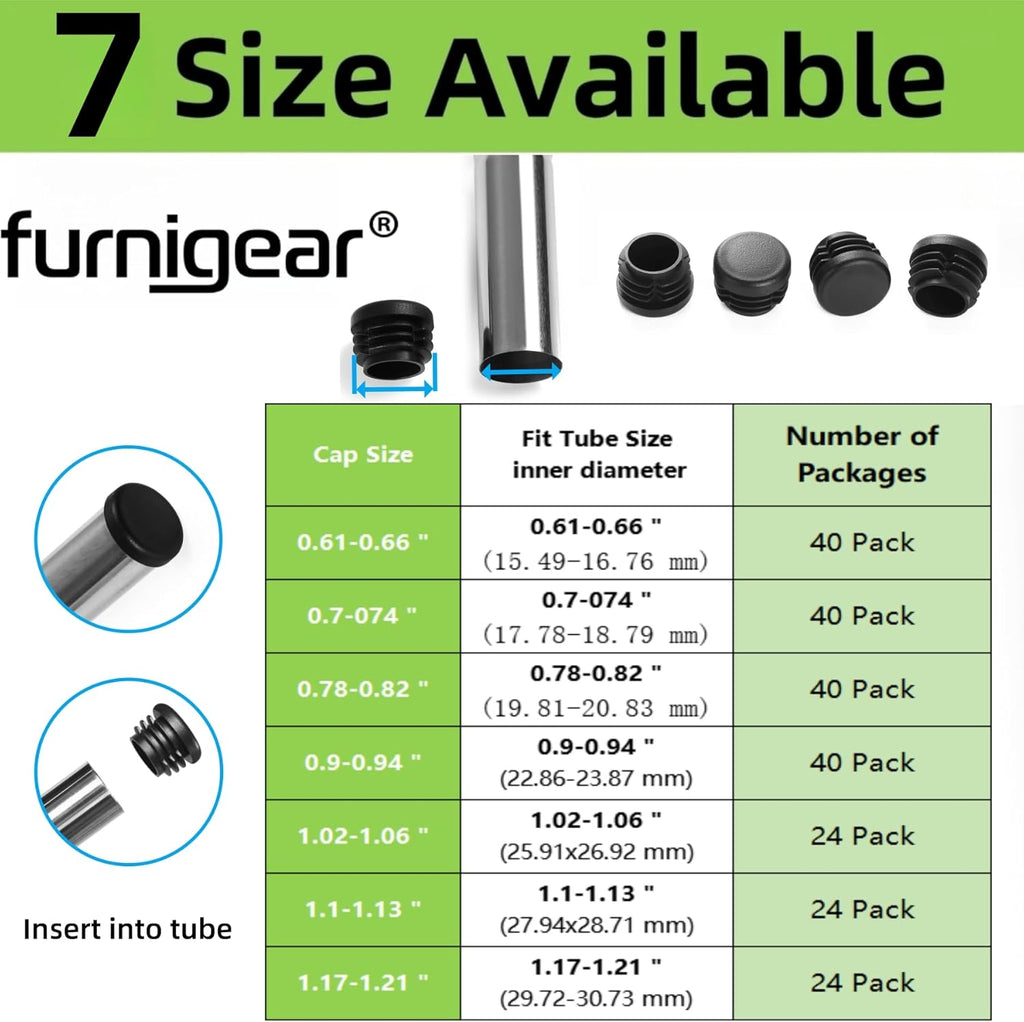 Furnigear Plastic Plugs Tubing End Caps Chair End Caps 11/16" Outside Bottom Round Tubing Caps Round Furniture Sliders Glides Black (Fit 0.61-0.66" Tube Inner Diameter, 40pack)