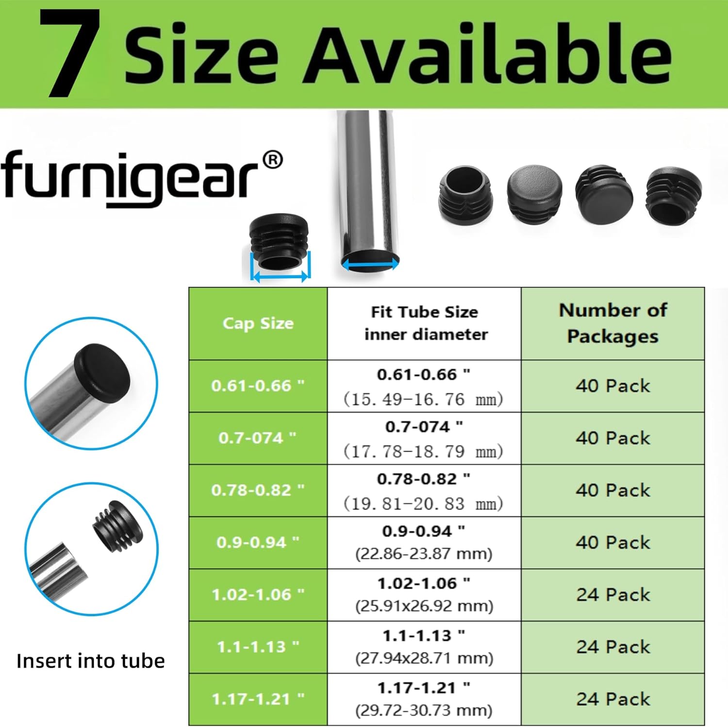 Furnigear Plastic Plugs Tubing End Caps Chair End Caps 11/16" Outside Bottom Round Tubing Caps Round Furniture Sliders Glides Black (Fit 0.61-0.66" Tube Inner Diameter, 40pack)
