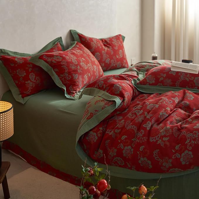 mixinni Exquisite Vintage Red Floral Duvet Cover King Size Yarn-Dyed Jacquard - Image 2