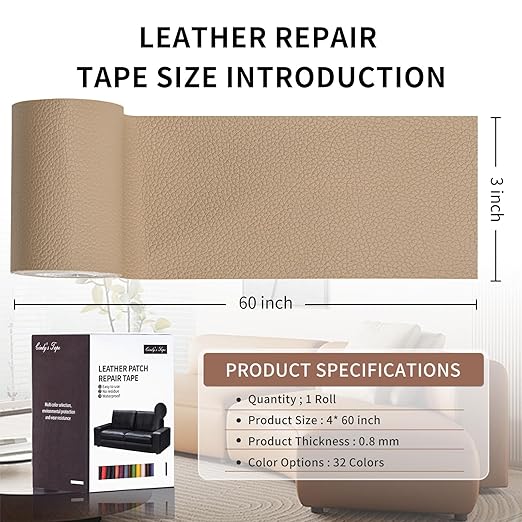 Leather Repair Patch Tape, Dark Beige 3 x 61 Inches Self Adhesive Leather - Image 2