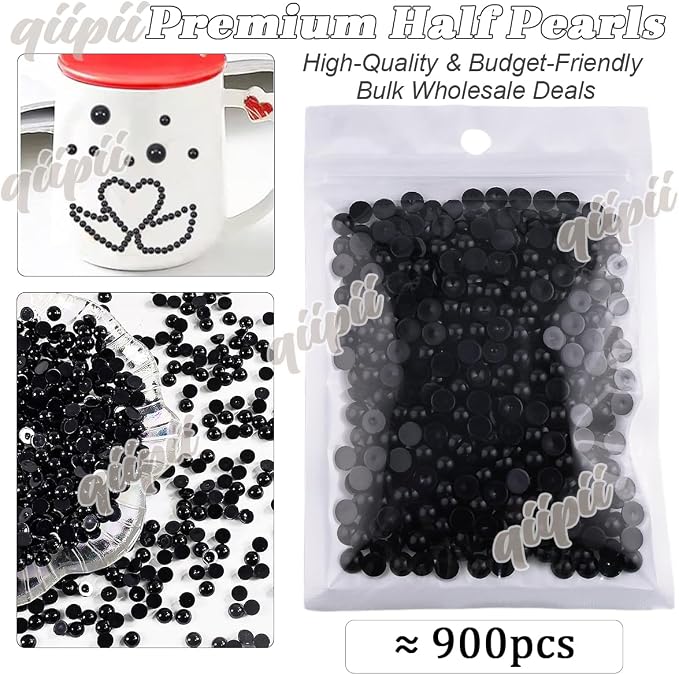qiipii 900PCS 6mm Pure Black Round Half Round Pearls - Image 2