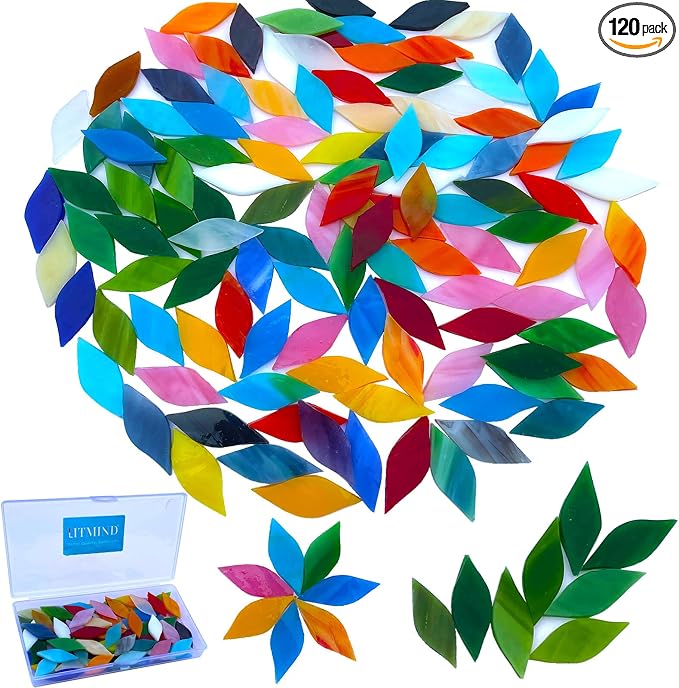 LITMIND 120 Pieces Mixed Colors Mosaic Glass Petals & Leaves, Hand-Cut Stained by LITMIND