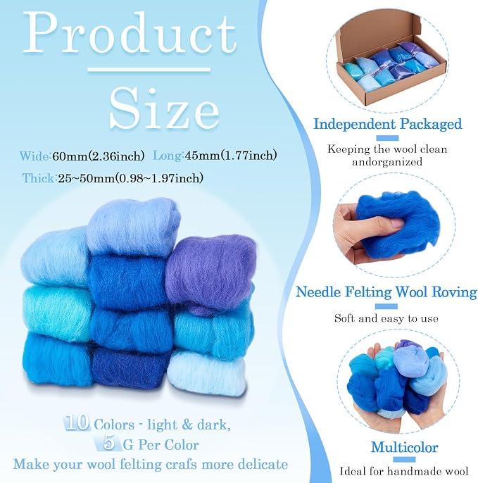 50G Blue Needle Felting Wool Roving 10 Colors Multicolor Soft Spinning Wool Bulk - Image 5