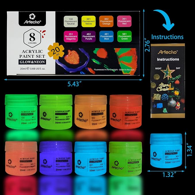 Artecho Glow in the Dark Acrylic Paint Set, 8 Colors x 20ml | Non-Toxic - Image 2