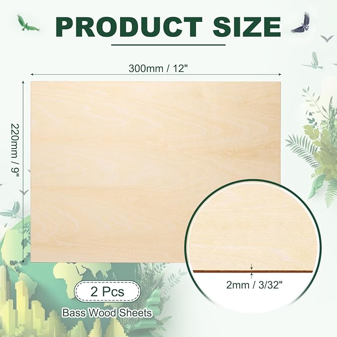 HARFINGTON 2pcs 2mm Basswood Plywood Sheets 12" x 9" x 3/32" Thin Unfinished - Image 2