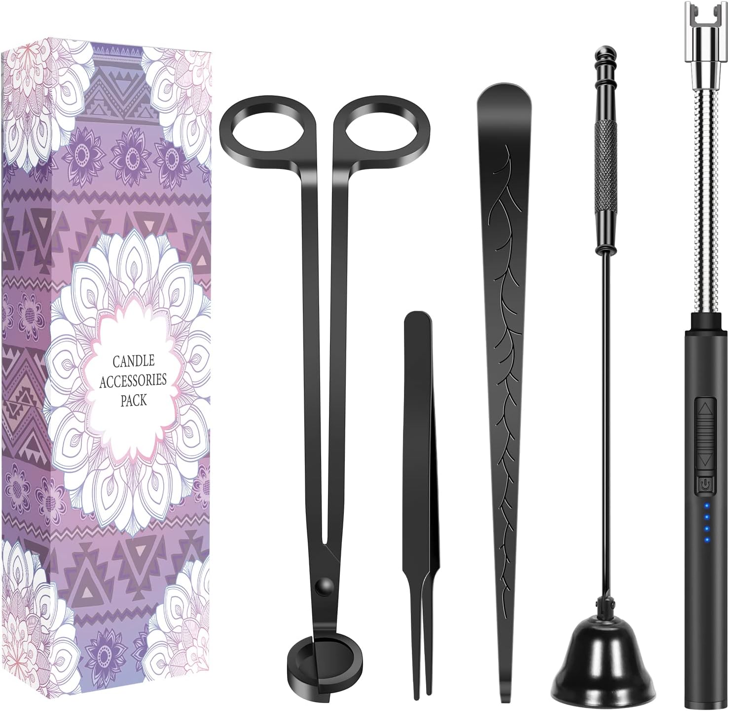 5 in 1 Candle Accessory Set,Candle Wick Trimmer Cutter,Candle Wick Dipper,Candle Wick Snuffer,Rechargeable Candle Lighter,Tweezers,Stainless Steel Candle Care Kit Home Gift for Aromatherapy(Black)