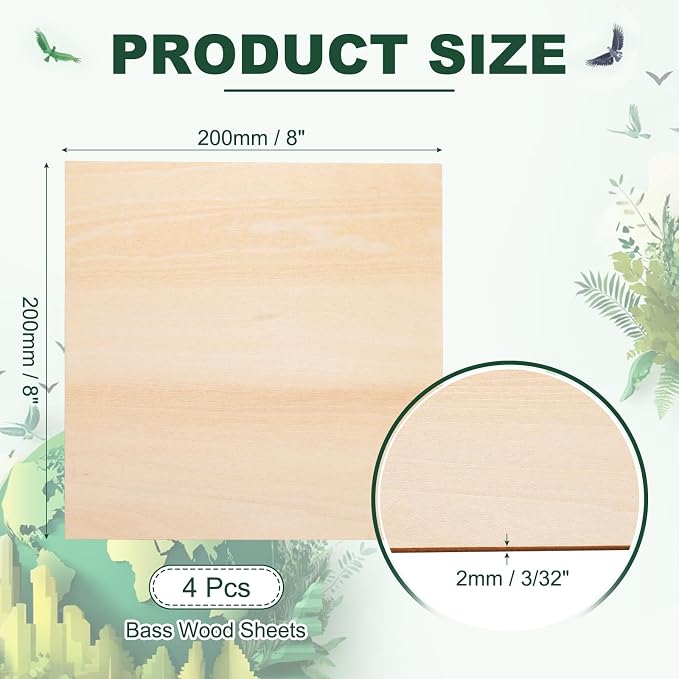 HARFINGTON 4pcs 2mm Basswood Plywood Sheets 8" x 8" x 3/32" Thin Unfinished - Image 2