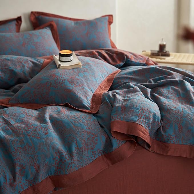 mixinni Muslin Cotton Vintage Blue Floral Duvet Cover Queen Size 3pcs Yarn Dyed - Image 5