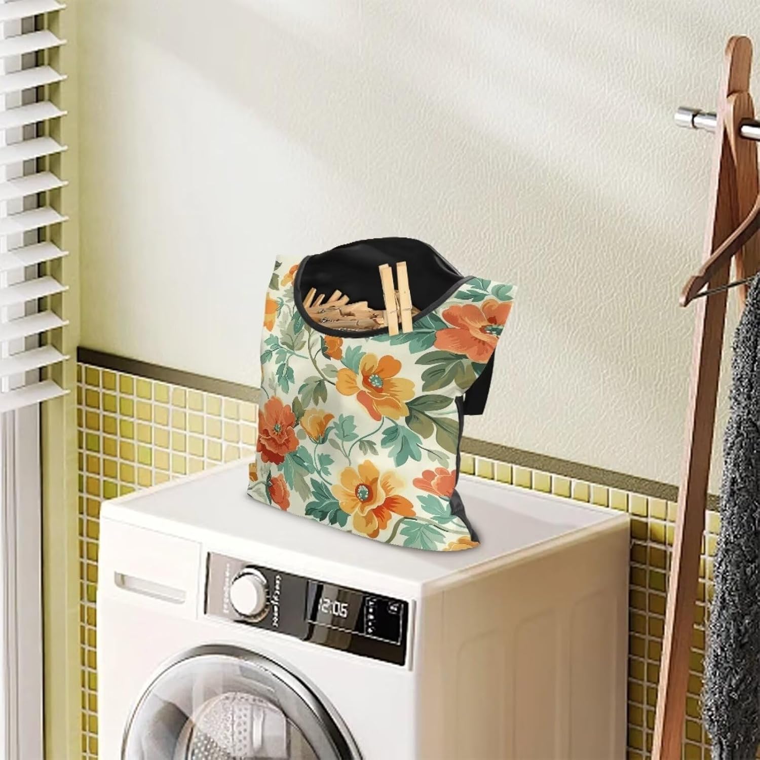 Art Flower Clothespin Bag Clothes Pin Hanging Bag Clothespin Bag with Hanging Hook 12 x 14.6 Inch Laundry Clothes Pin Holder Waterproof Clothes Pin Hanging Bag Clothespin Storage