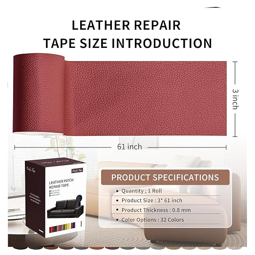 Leather Repair Patch Tape, Claret Burgundy 3 x 61 Inches Self Adhesive Leather - Image 2
