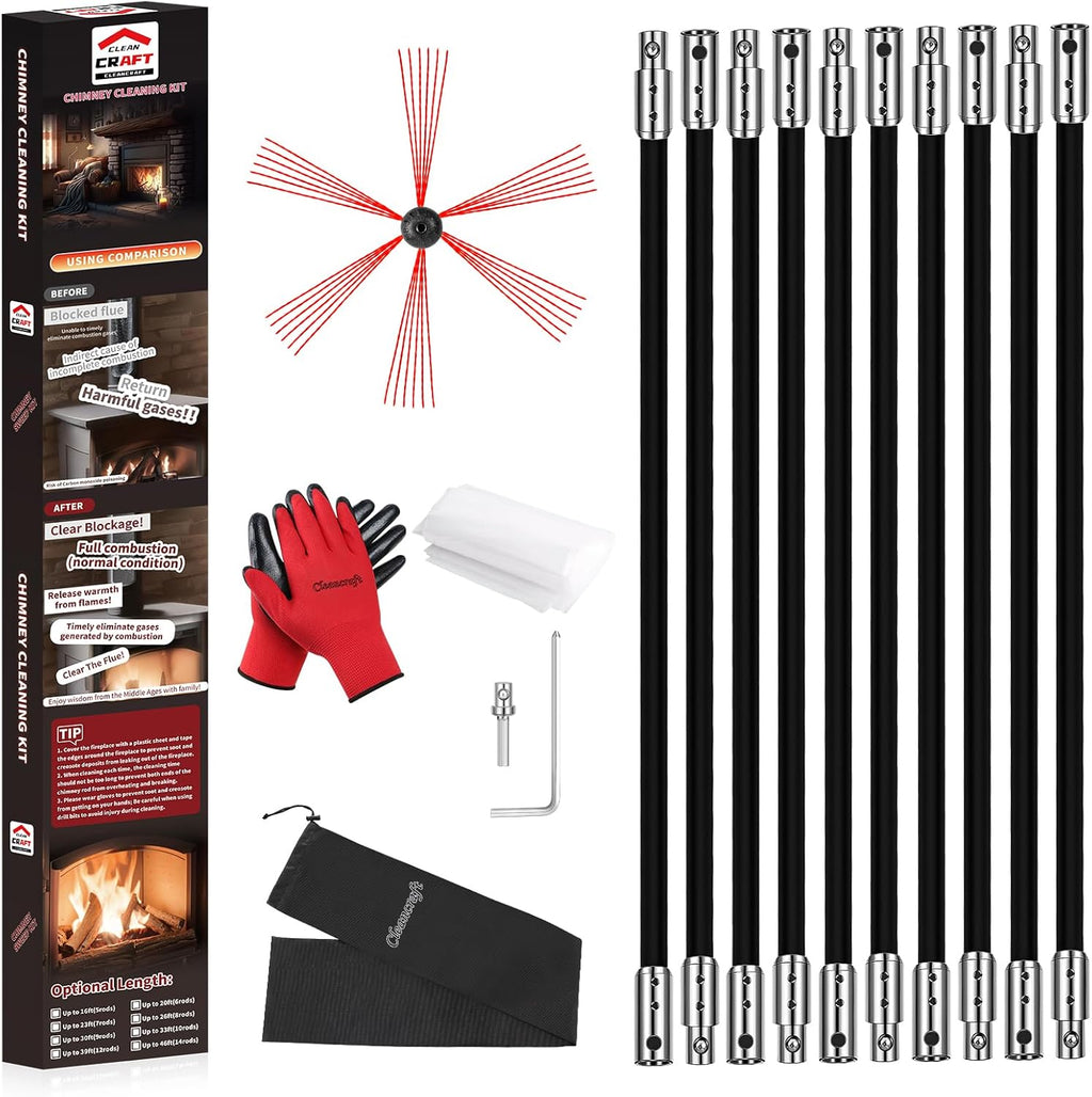 33 Feet Chimney Sweep Kit, Chimney Cleaning Kit with 10 Flexible Black Chimney Rods, Chimney Brush for Sweeping Fireplace, Rotary Chimney Cleaning System Driven by Drill