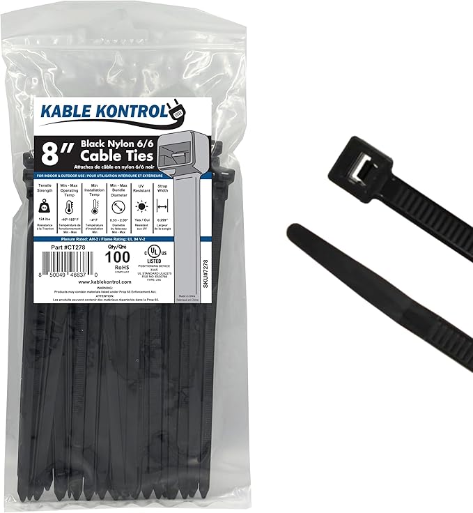 Kable Kontrol Heavy Duty Cable Zip Ties 100 Pcs 8 Inch Black, 120 Lbs Tensile by KABLEKONTROL%C2%AE