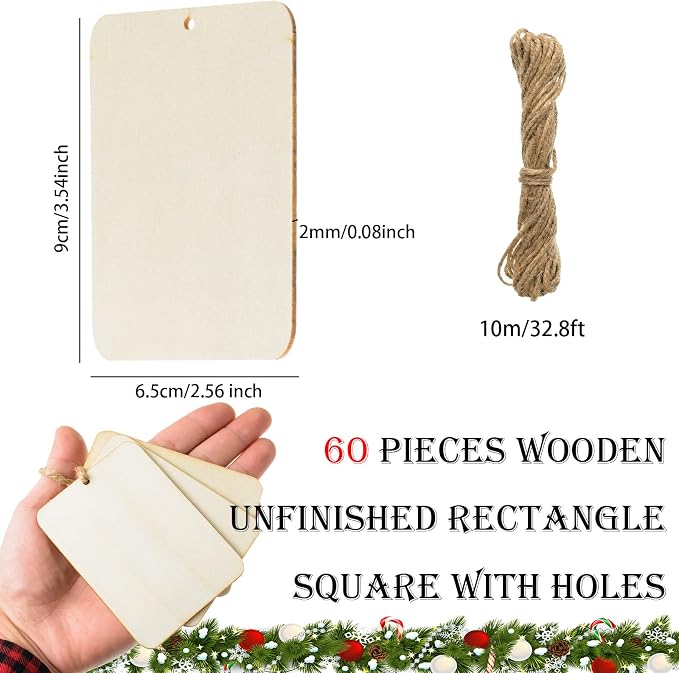 60 Pcs Wooden Tags 2.5 x 3.5 Inch Unfinished Wood Pieces Rectangle Square - Image 2