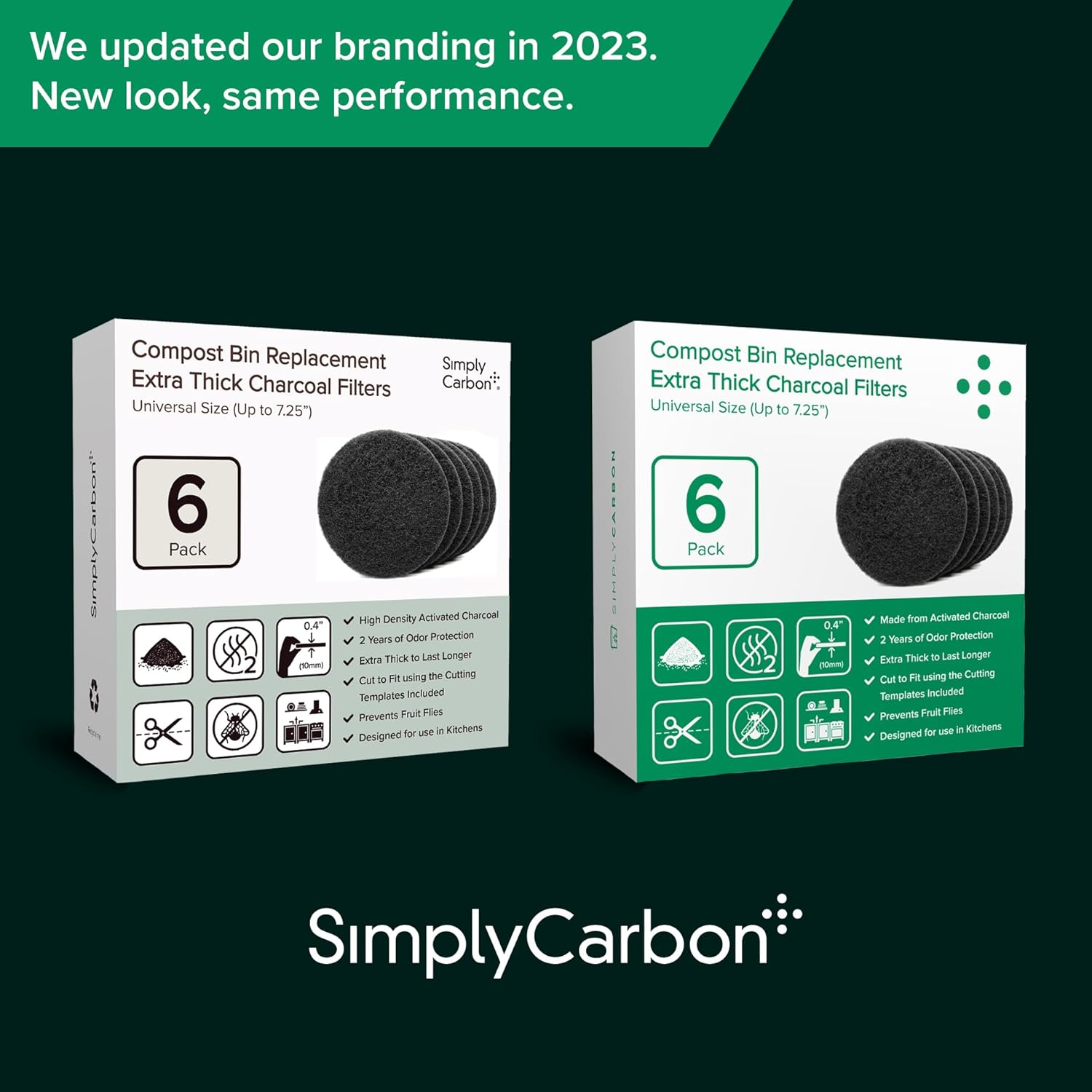 2 Years Supply Extra Thick Filters for Kitchen Compost Bins - Longer Lasting Activated Charcoal - Universal Size Fits ALL Compost Bins up to 7.25" Filter Size - Replacement Set of 6 (by Simply Carbon)
