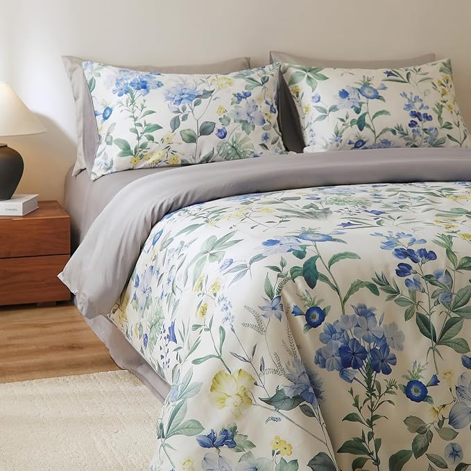 mixinni Reversible Floral Duvet Cover Set King Size, 3 Piece Blue Green - Image 8