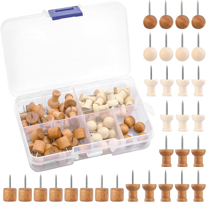 IMZAY 60 Pcs Wooden Push Pins 2 Colors Thumb Tacks, Decorative Push Pins | by Imzay