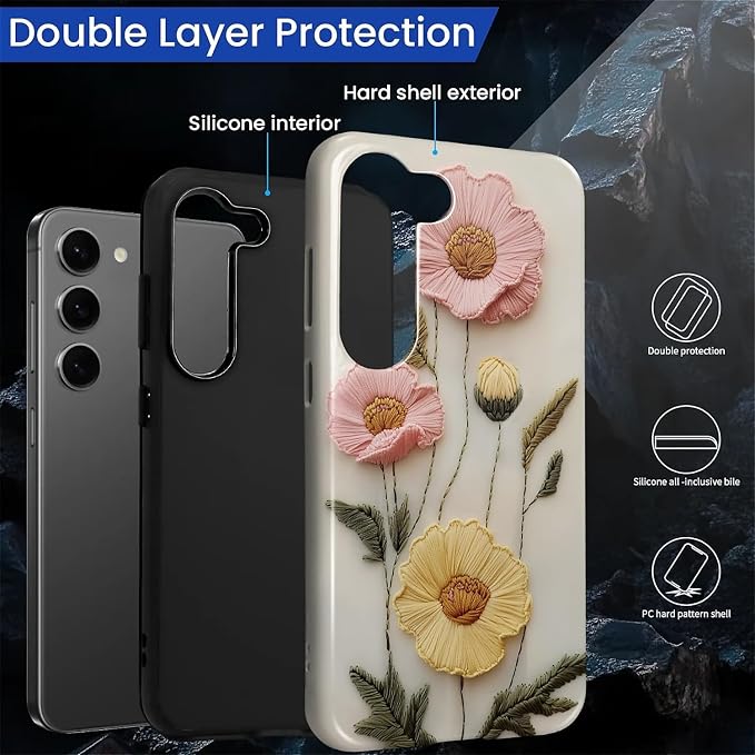 Case for Samsung Galaxy S23 Case, Faux Embroidery Boho Floral Design Hybrid - Image 6