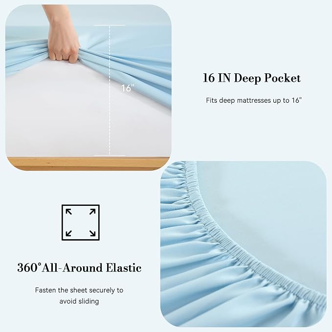 Kids Sheets Twin Size Soft Breathable Microfiber Bed Sheets Blue Bedding 16'' - Image 3