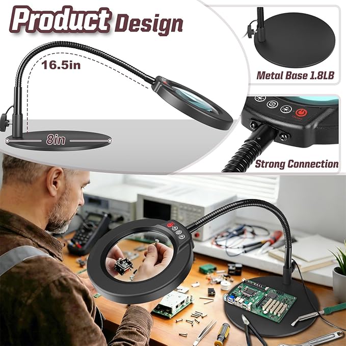 10X Magnifying Glass with Light and Stand, 16.5in Flexible Goose-Neck, 5 Color - Image 2