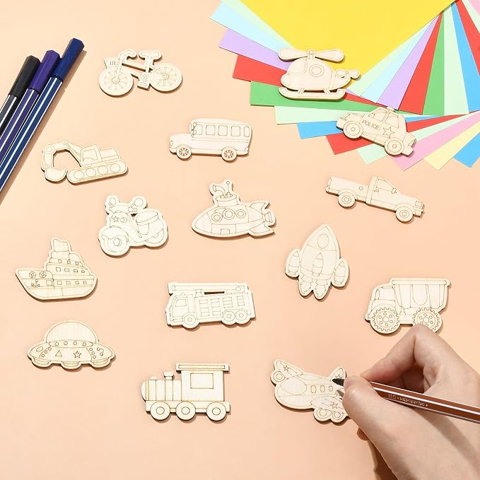 100 pcs Mixed Styles Transportation Theme Undyed Wood Cutout Charms Car Vehicle - Image 5