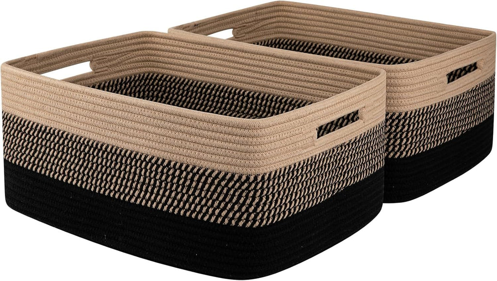 Large Storage Basket for Organizing, Woven Rope Basket for Shelves, Closet Organizer Bins for Clothes, Blanket, Toys, Baby Nursery Storage, 17.7" x 13" x 7.87", 2 Packs Black & Brown