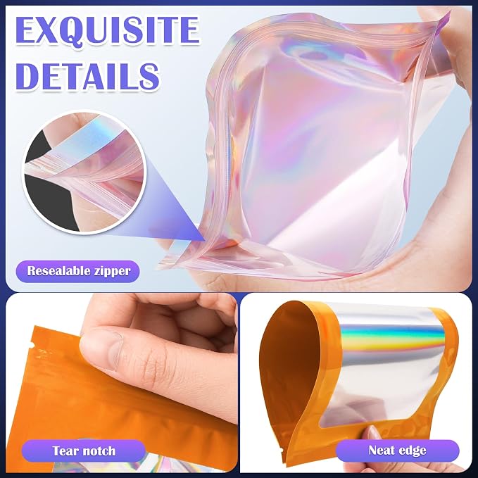 JETMORE 100 Pcs Mylar Bags, Smell Proof Bags Foil Pouch, Holographic Resealable - Image 5