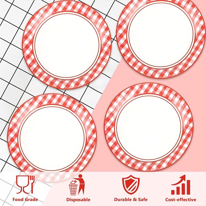 100 PCS Red and White Checkered Plates, Disposable 7 Inch Plaid Paper Dessert - Image 3