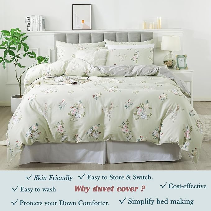 FADFAY Floral Duvet Cover Set Queen 100% Cotton Sage Green Comforter Set - Image 8