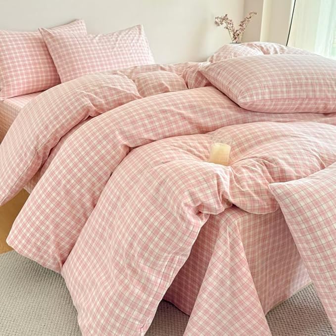 PinkMemory Pink Plaid Duvet Cover Set King 100% Washed Cotton Cute Pink Checked - Image 3