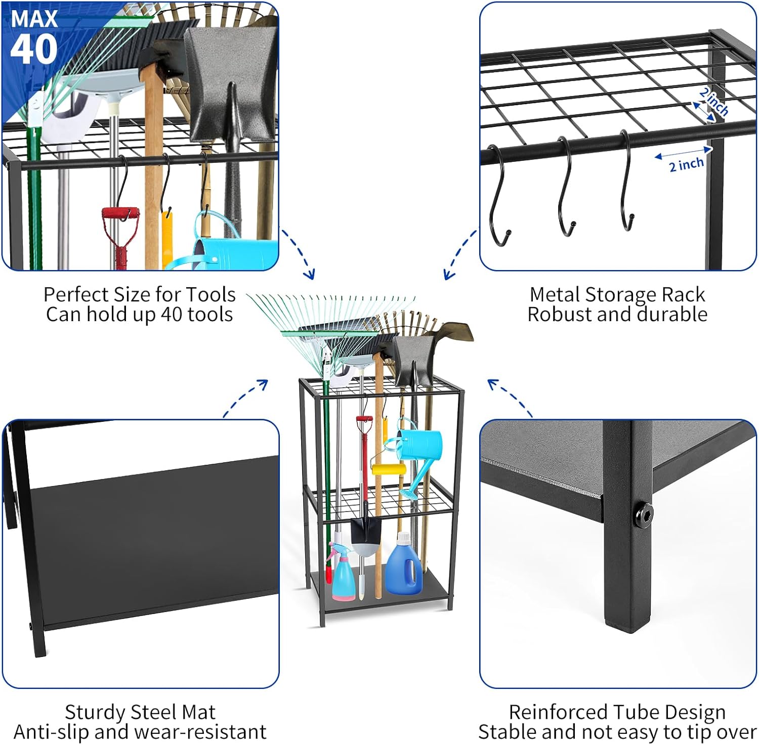 Garden Tool Organizer - Yard Tool Storage and Organizers, Utility Rack with 3 Hooks, Garden Yard Tool Stand Tower Racks, Tool Holder for Broom, Shovel, Rake, Mop, Garage Organization, Black