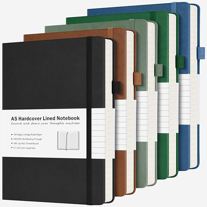 College Ruled Notebook, 5 Pack A5 Hardcover Leather Notebook by MALEDEN