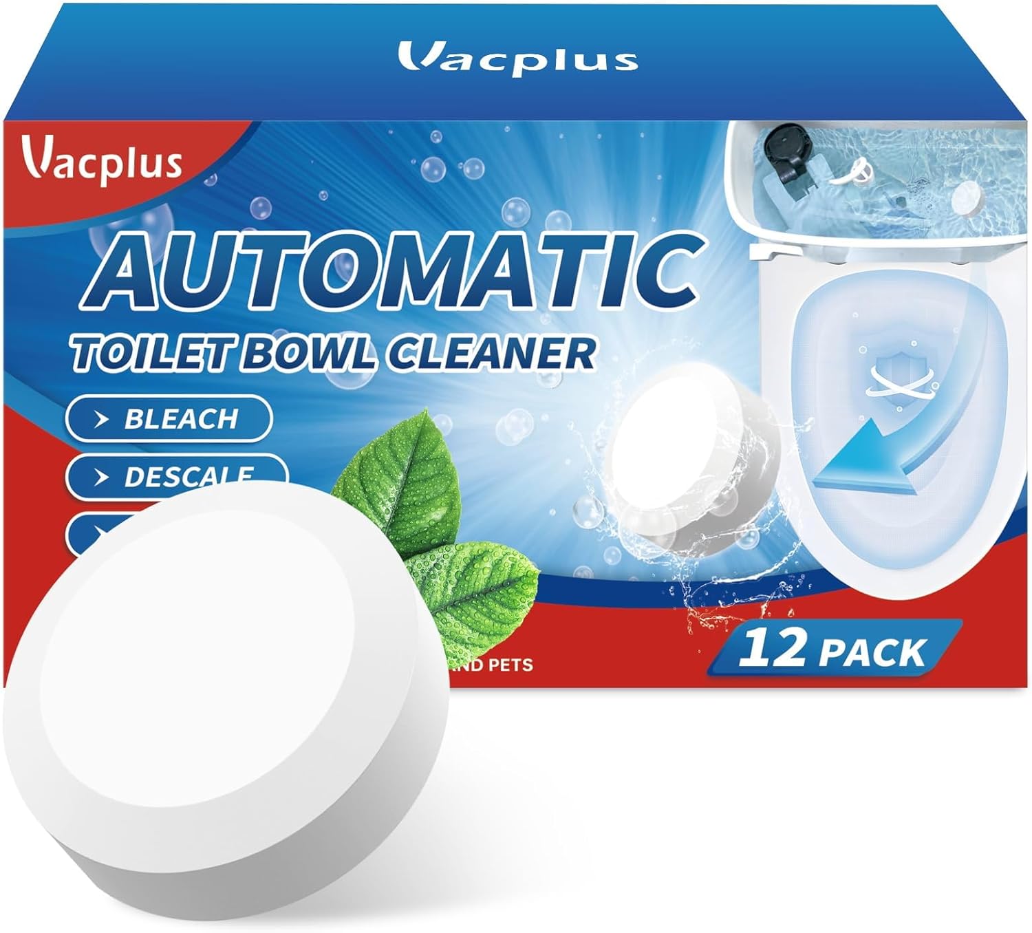 Vacplus Toilet Bowl Cleaners - 12 PACK, Household Toilet Cleaner, Automatic Toilet Bowl Cleaners with Bleach, Sustained-Release Toilet Tank Cleaners for Deodorizing and Descaling, 1.76 Ounces Each