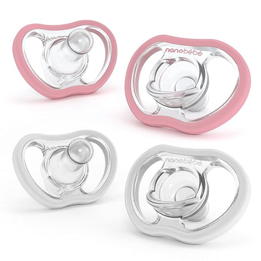 Nanobebe Active Baby Pacifiers 4-36 Months - Orthodontic, Lightweight and Vented, Curves Comfortably with Face Contour, 100% Silicone - BPA Free, Perfect Baby Registry Gift 4pk, White/Pink