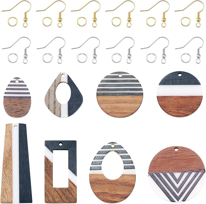 FASHEWELRY 16Pcs Resin Wooden Earring Pendants Vintage Stripe Teardrop Resin by FASHEWELRY