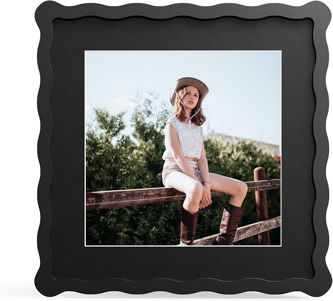 10x10 Picture Frame with Mat for 8x8, Wavy Edge Wooden Real Glass Photo Frame by THKRLOF