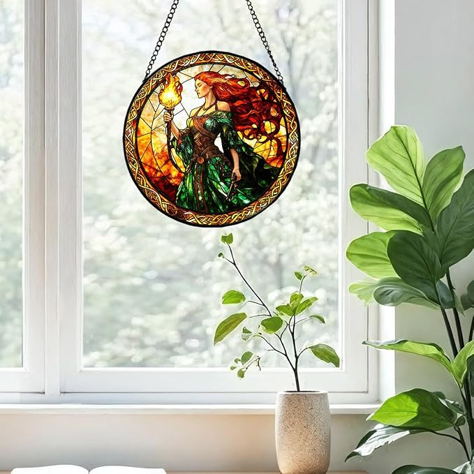 Greatingreat Stained Glass Window Hanging Brigid Goddess, Home Room Decor 7.8 - Image 5