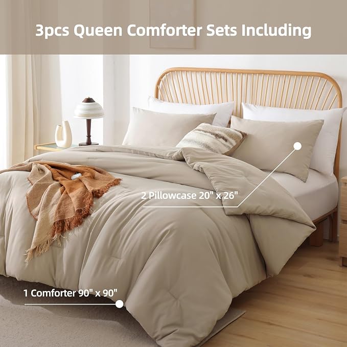 ROSGONIA Queen Comforter Set Light Khaki - Image 5